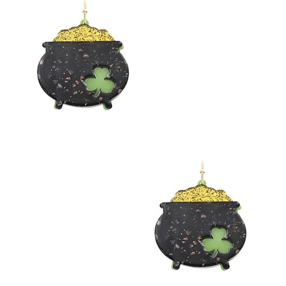Pot of Gold cauldron St. Patrick's Day clover glitter earrings pierced NWT - Picture 4 of 5